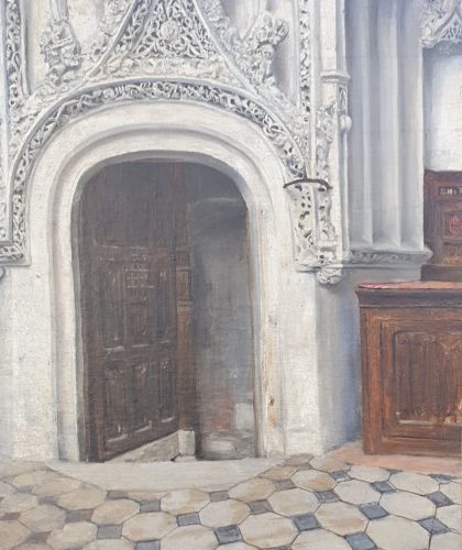 asm185p_aprèsRestauration Porte de la trésorerie de la Chapelle du Saint-Esprit, huile sur toile, dimension 90 x 70. Les dons des pèlerins étaient déposés et conservés dans un local spécifique protégé par cette porte. Cette toile a fait l'objet d'une "restauration-conservation" en raison d'importants soulèvements en toit dans le cadre d'un mémoire de fin d'étude d'une étudiante (Zoé Bensoussan) à l'ATP Formation (https://atpformation.com) en 2019. Réf. Catalogue : ASM185. Col. particulière.